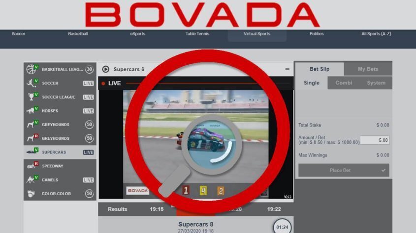 Bovada Virtual Sports Hub Page Screenshot - Supercars Virtual Racing - Magnifying Glass