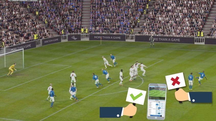 Virtual Footbal Match Screenshot - Betting Lines on a Smartphone - Hands Holding Flags With a Green Check and a Red Cross