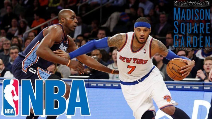 New York Knicks Guard Carmelo Anthony January 24, 2014- NBA Logo - Madison Square Garden Logo