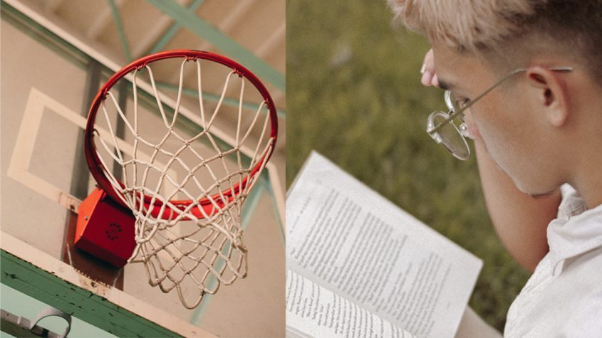 Basketball Hoop, Guy Reading Book Outside