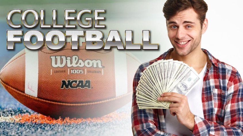 College Football Text Over Football, Guy Holding Money