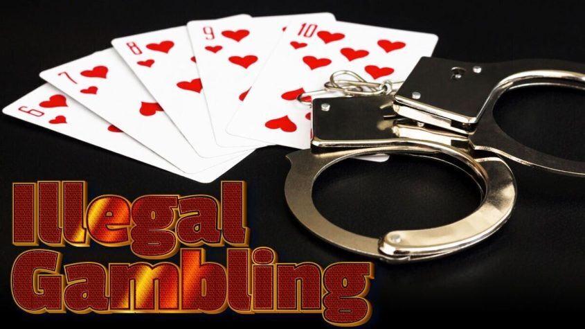Handcuffs and Poker Cards on Table, Illegal Gambling Text