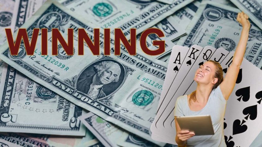 Winning Text, Bills of Money Spread Out, Woman Cheering